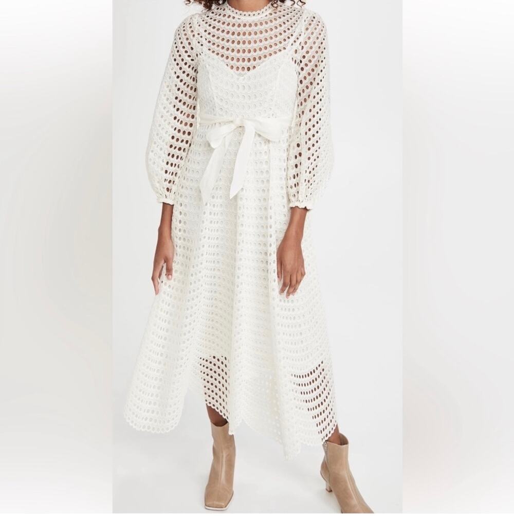 ZIMMERMAN Poppy Broderie Anglaise Voile Scalloped Hem Maxi Dress White Size 2